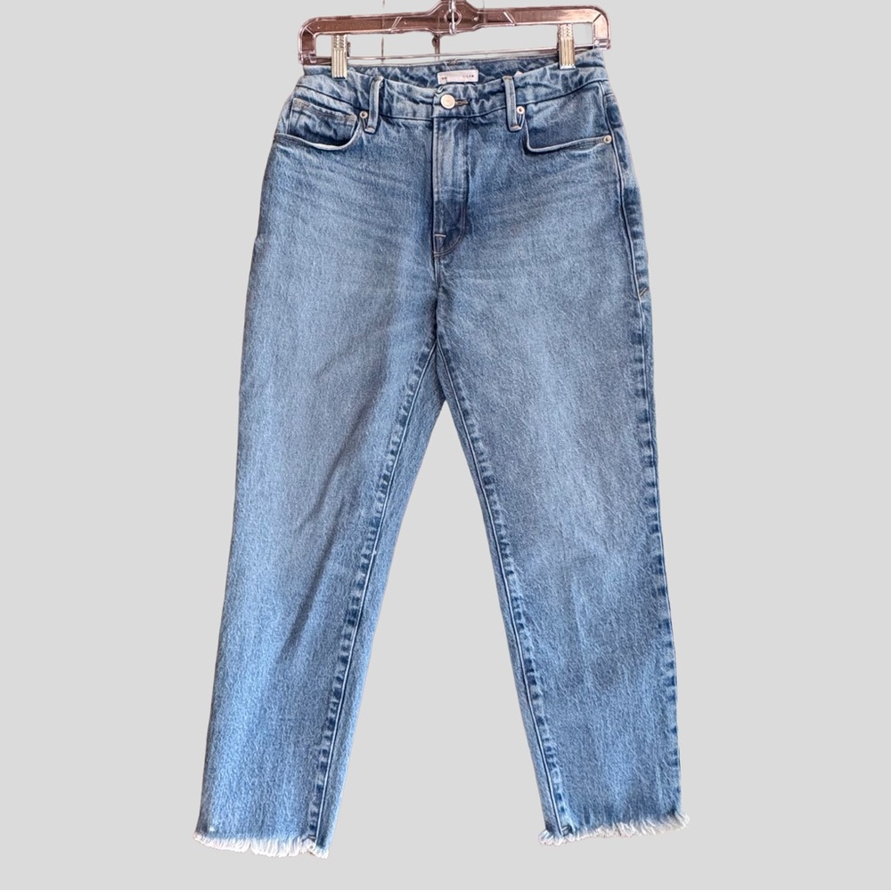 Good American Good Girlfriend Straight Leg Jeans Frayed Size 0/25 - Picture 2 of 7